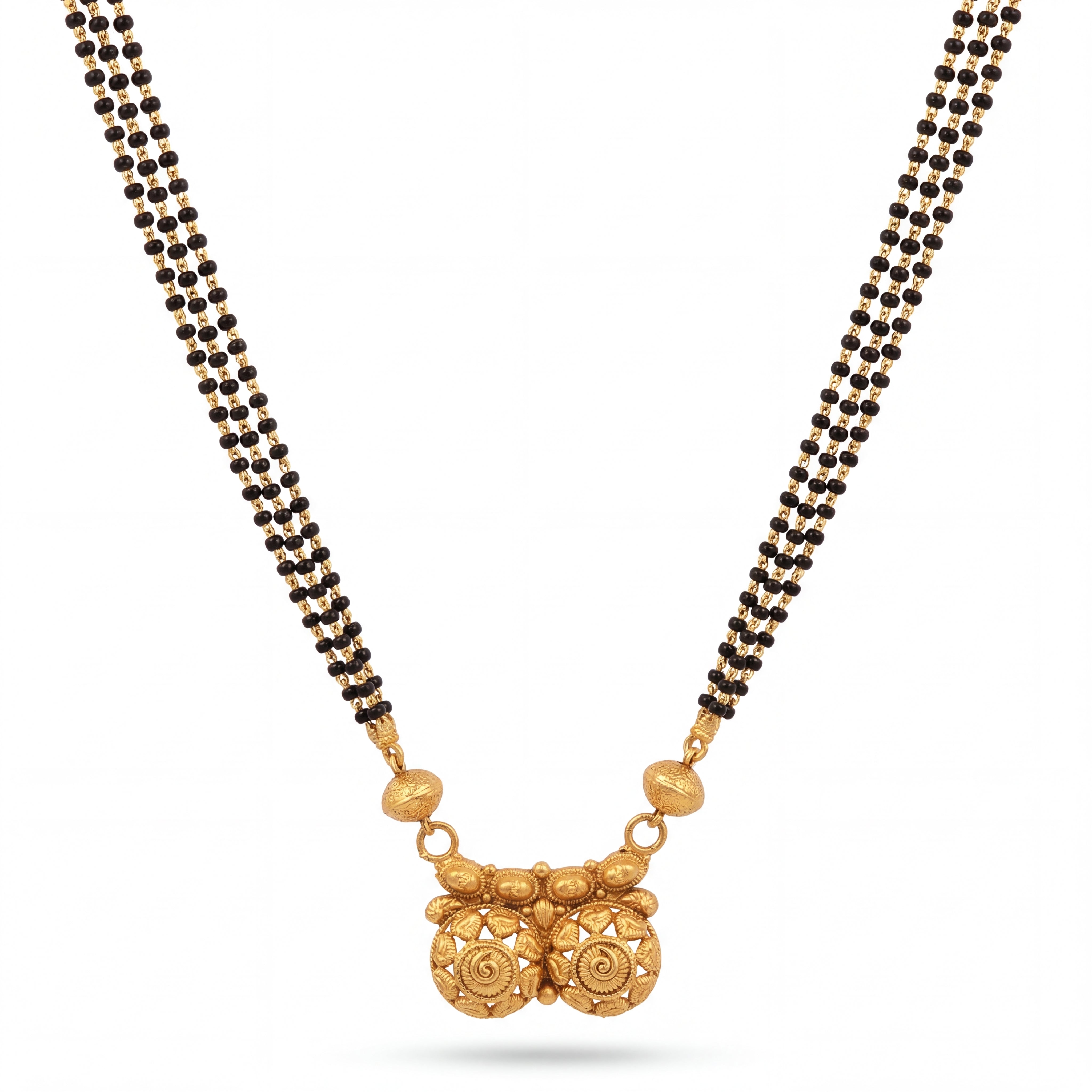 Elegant 22K gold mangalsutra necklace with triple black bead chains, textured gold side beads, and intricate dual motif pendant on a white background by Pachchigar Jewellers Ashokbhai.