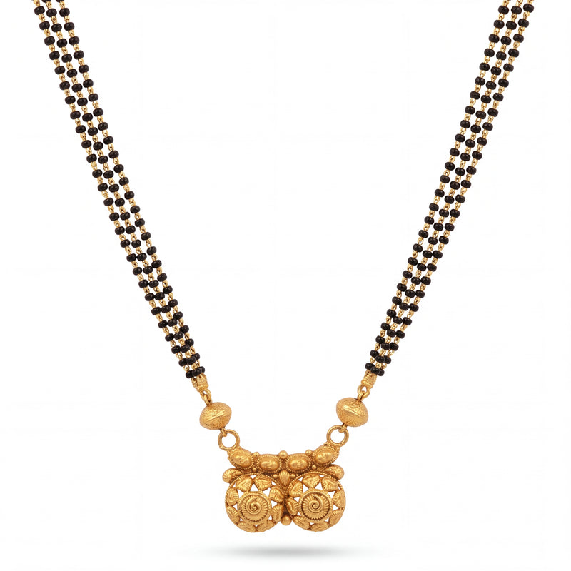 Elegant 22K gold mangalsutra necklace with triple black bead chains, textured gold side beads, and intricate dual motif pendant on a white background by Pachchigar Jewellers Ashokbhai.