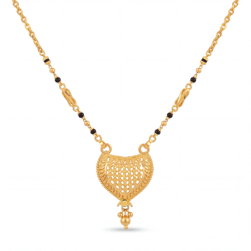 Elegant 22K gold mangalsutra necklace with black bead chain, decorative gold side beads, and intricate heart-shaped filigree pendant with hanging gold drops on a white background by Pachchigar Jewellers Ashokbhai.