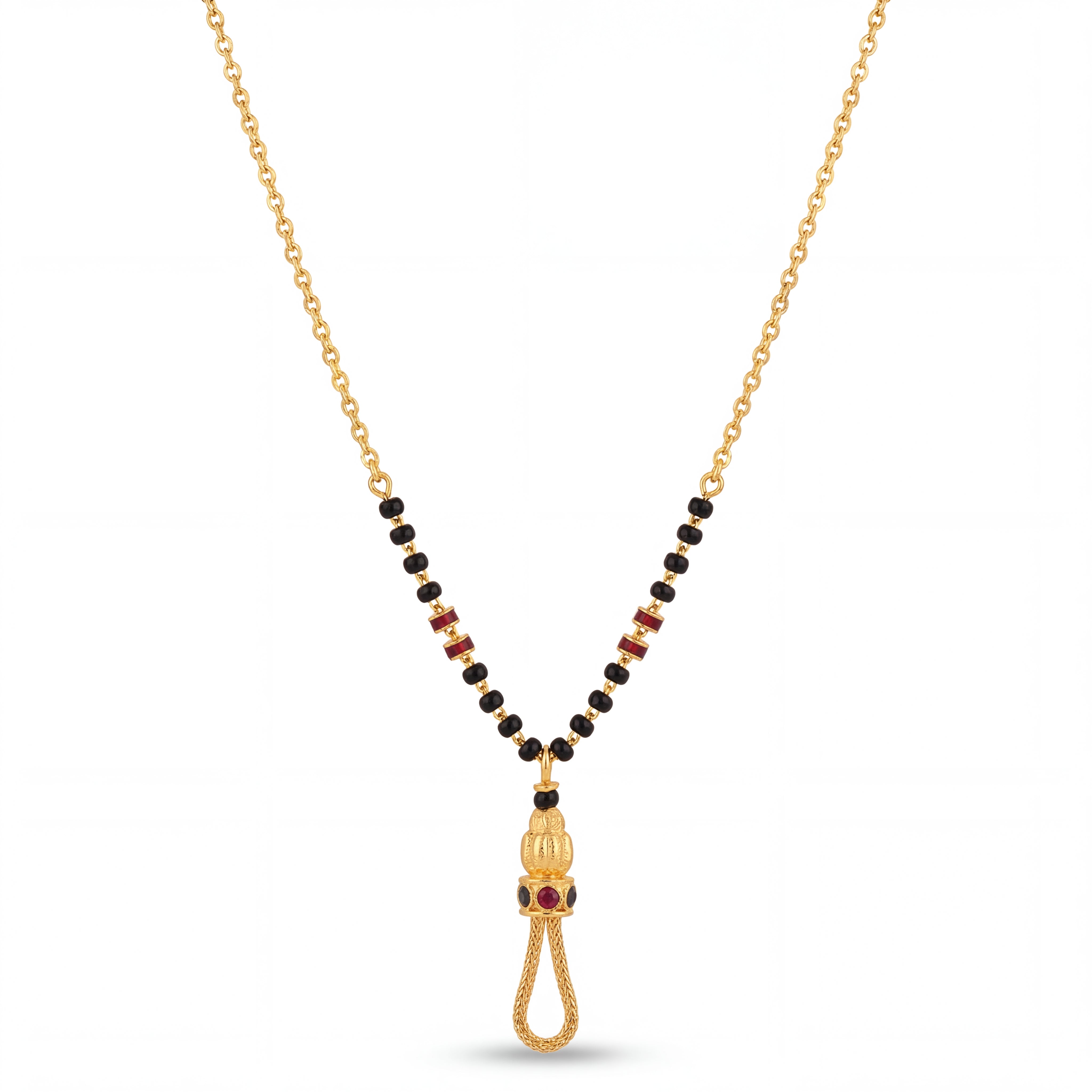 Elegant 22K gold mangalsutra necklace with black bead chain, ruby accent side details, and ornate tassel pendant with red stones on a white background by Pachchigar Jewellers Ashokbhai.