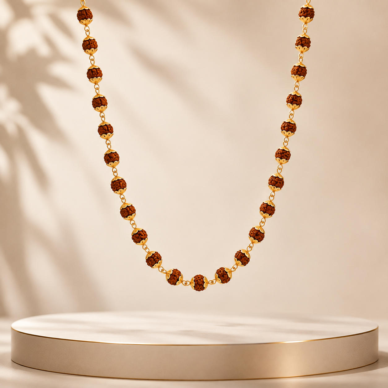 Elegant gold necklace featuring a series of textured brown beads connected with delicate gold links, arranged in a graceful long-chain design.