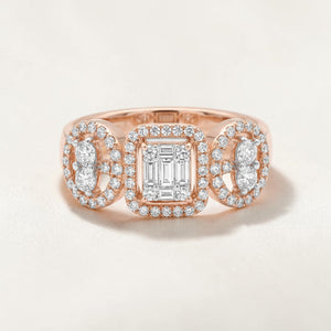 Rose gold ring featuring a central emerald-cut diamond framed by a halo, flanked by two oval diamond clusters with pavé halos, creating a balanced and elegant three-stone design.