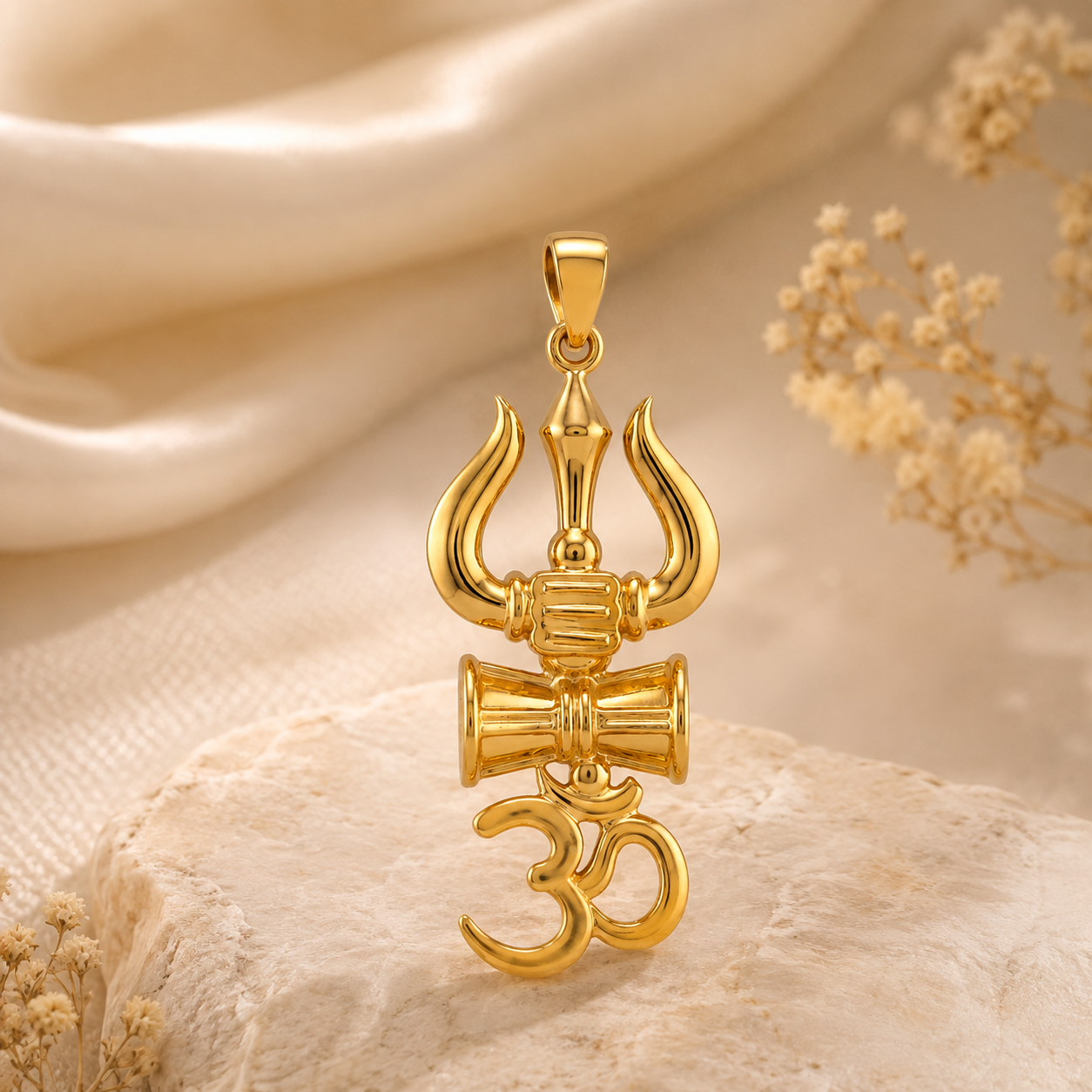 Intricately crafted gold pendant featuring a traditional Trishul with a central Damru and an Om symbol, representing Lord Shiva in a spiritual design.