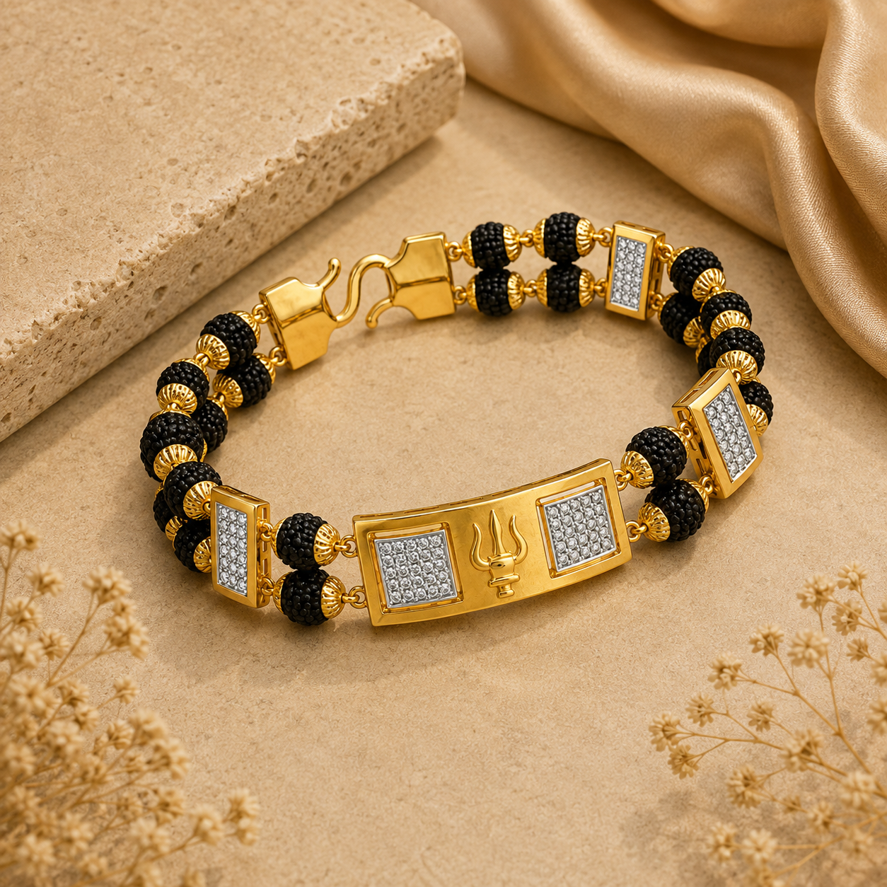 Gold bracelet featuring black Rudraksha beads, intricate gold detailing, diamond-studded rectangular accents, and a central gold Trishul motif.
