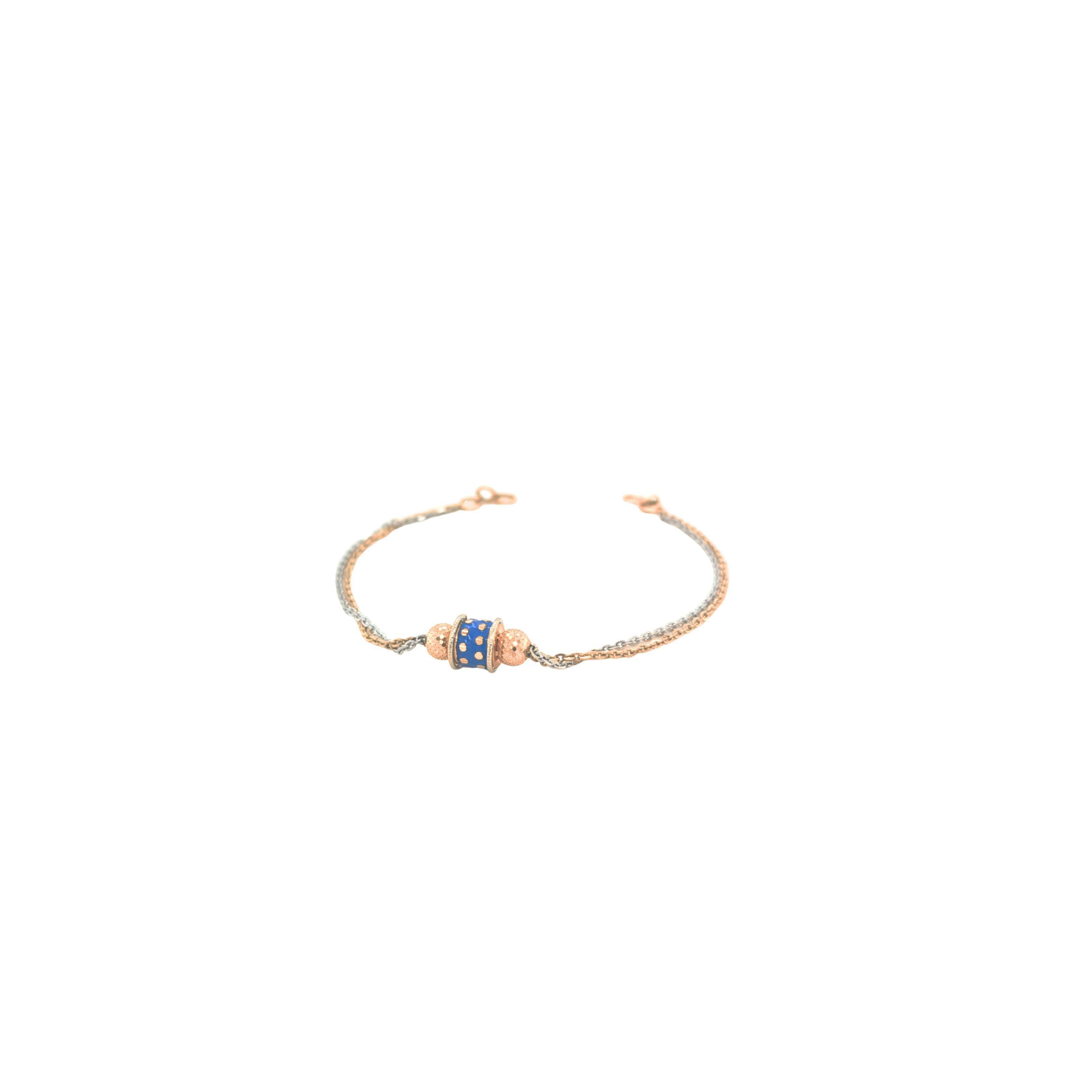 Elegant two-tone gold bracelet featuring a blue enamel centerpiece with textured gold beads on a delicate dual-chain design with adjustable clasp.