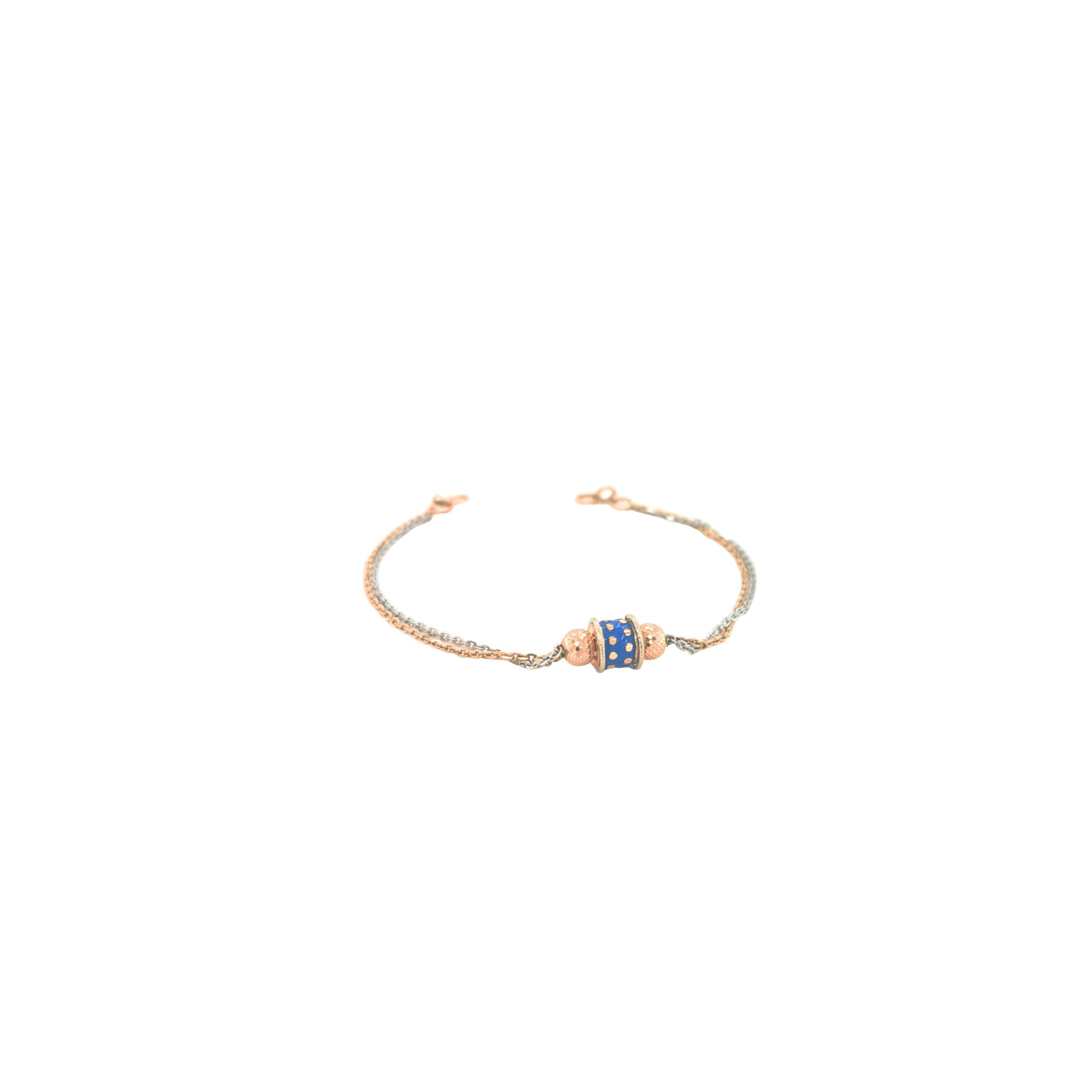 Elegant two-tone gold bracelet featuring a blue enamel centerpiece with textured gold beads on a delicate dual-chain design with adjustable clasp.