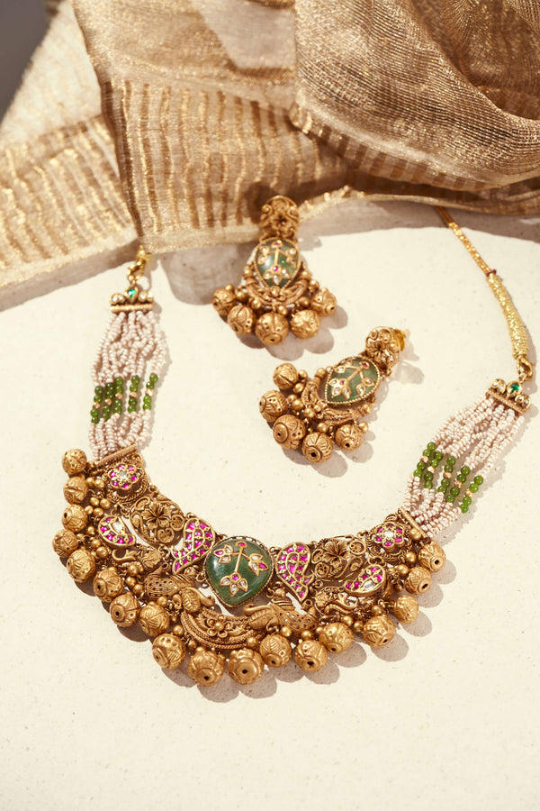 Traditional Temple Inspired Gold Bridal Choker Necklace