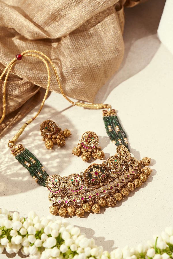 Handcrafted Heritage Gold Necklace with Beaded Detailing