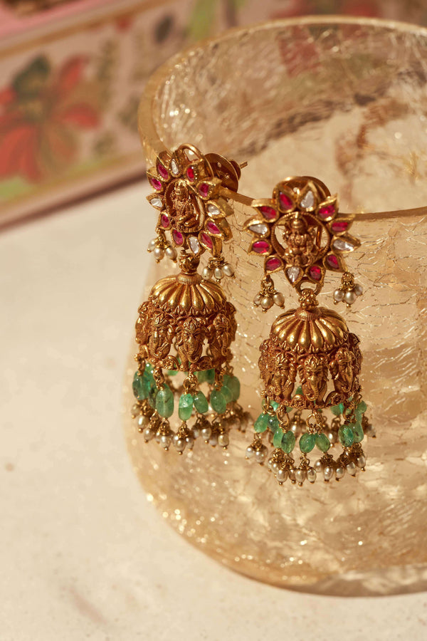 Antique Gold Bridal Necklace with Green Bead Accents