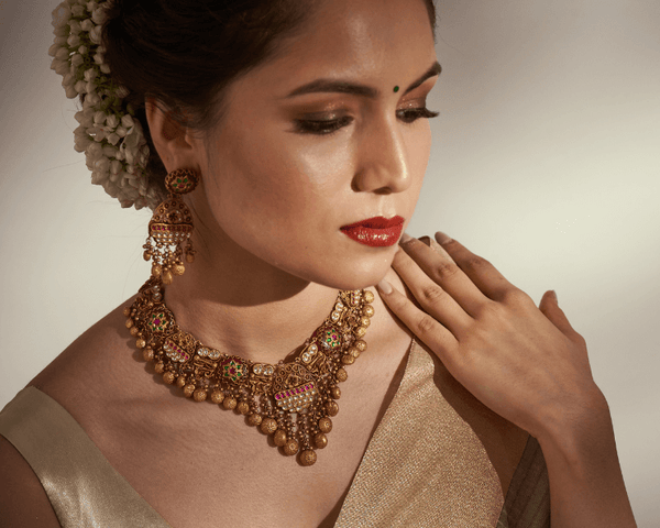 Handcrafted Heritage Gold Bridal Necklace with Gold Drops
