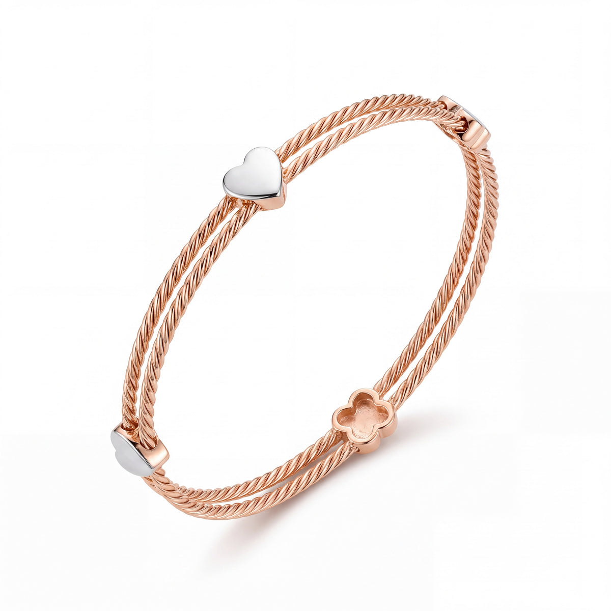 18KT Rose Gold Double Rope Bracelet with Heart and Clover Accents