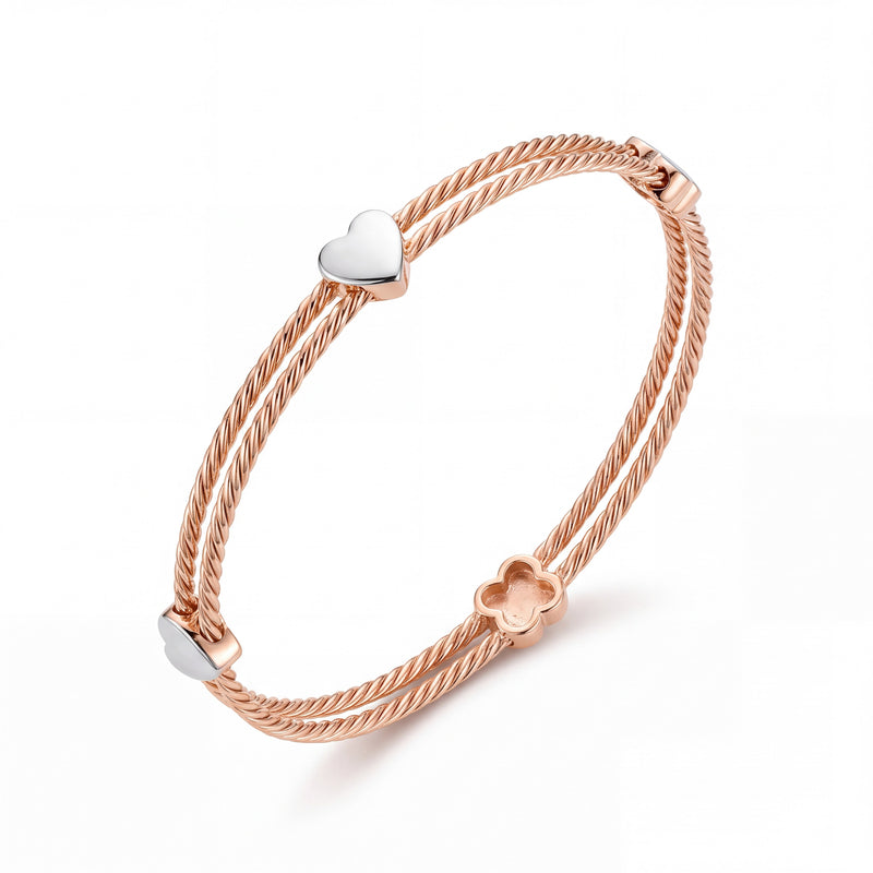18KT Rose Gold Double Rope Bracelet with Heart and Clover Accents