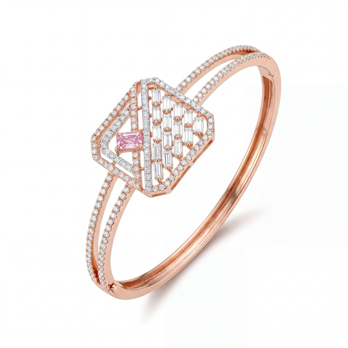 18KT Rose Gold Diamond Kada with Pink Stone Accent