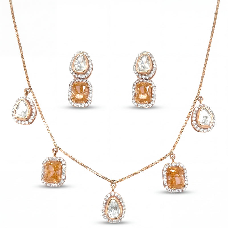 Designer Pendant Set with Dual Stone Drops & Earrings