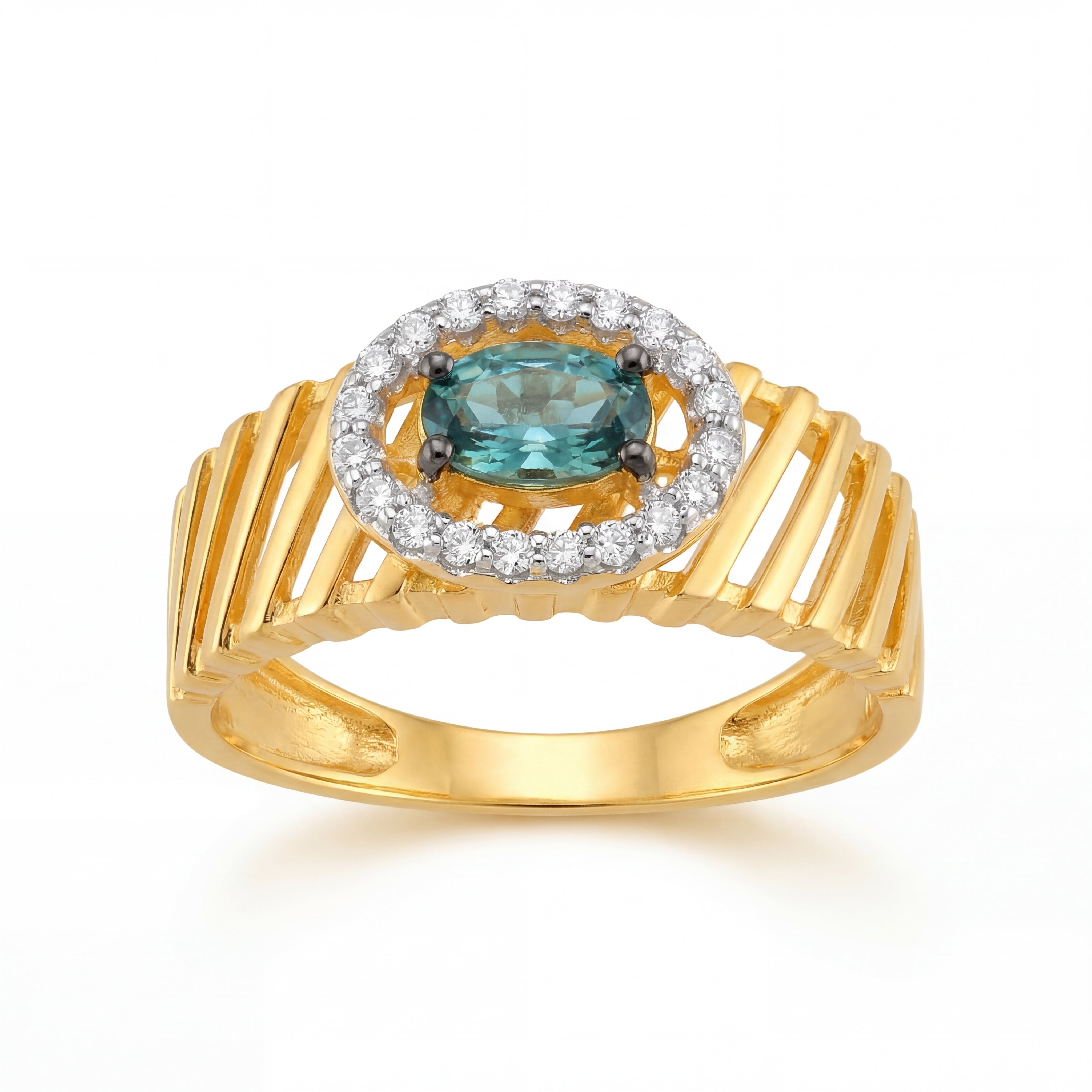 22KT Designer Gold Ring | Ribbed Band with Halo Setting
