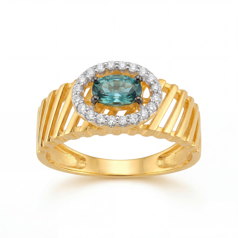 22KT Designer Gold Ring | Ribbed Band with Halo Setting