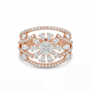 Luxurious 18K rose gold diamond statement ring featuring floral halo design with round, pear and marquise cut diamonds by Pachchigar Jewellers
