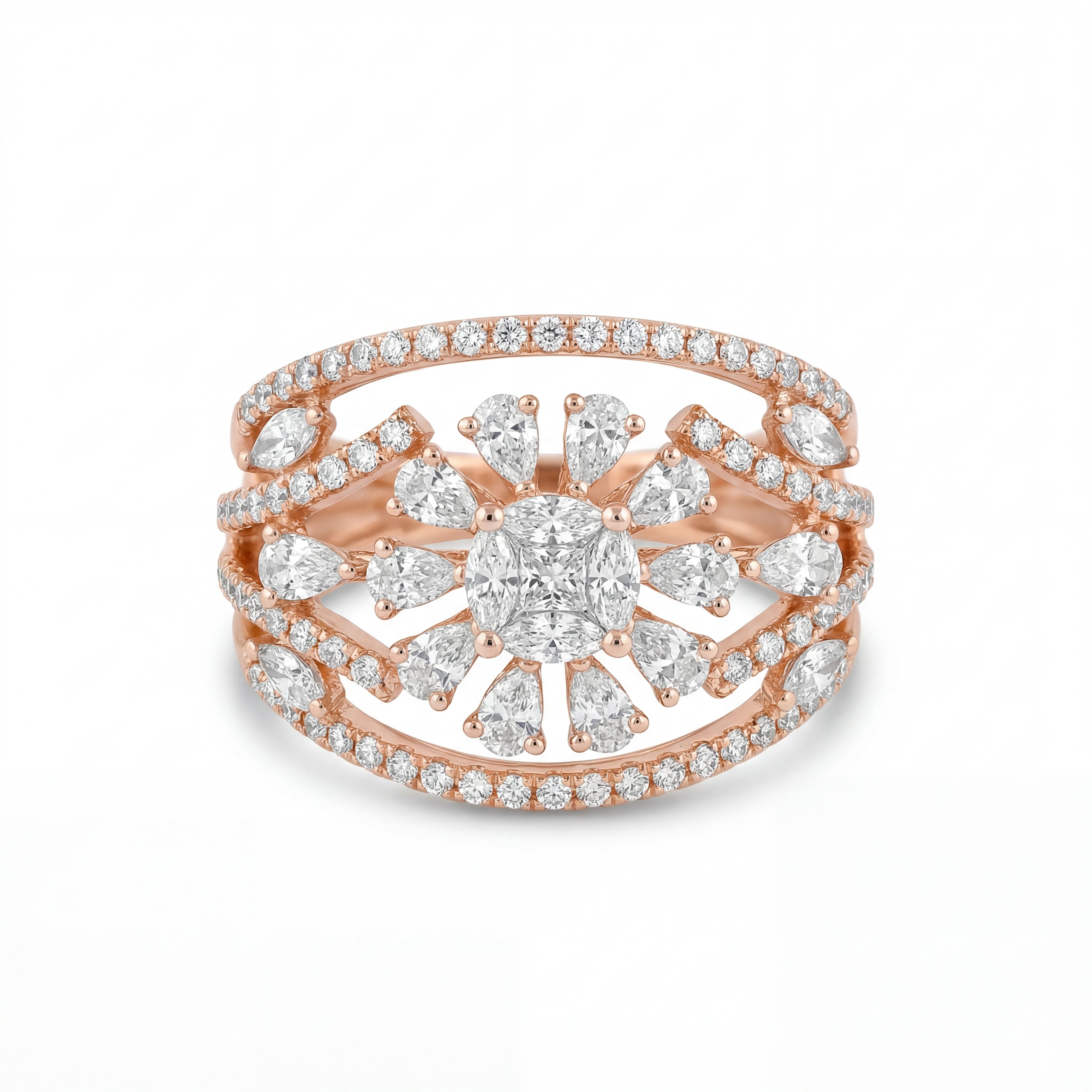 Luxurious 18K rose gold diamond statement ring featuring floral halo design with round, pear and marquise cut diamonds by Pachchigar Jewellers