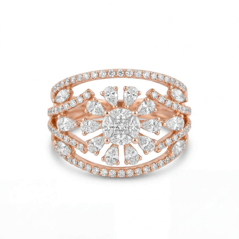 Luxurious 18K rose gold diamond statement ring featuring floral halo design with round, pear and marquise cut diamonds by Pachchigar Jewellers