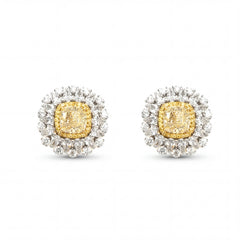 Yellow & White Diamond Halo Stud Earrings