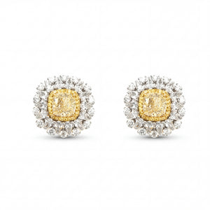 Yellow & White Diamond Halo Stud Earrings