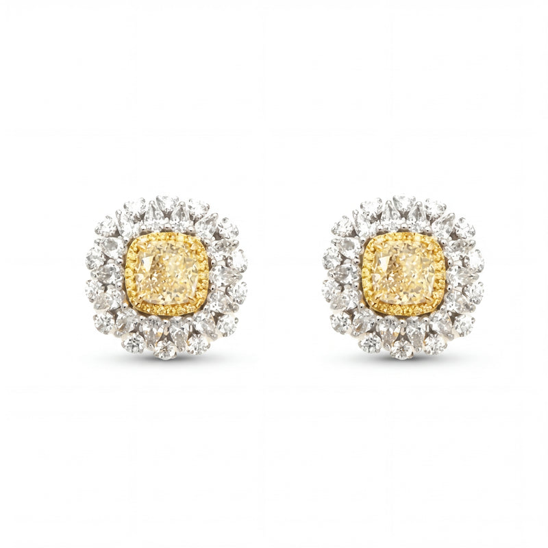 Yellow & White Diamond Halo Stud Earrings