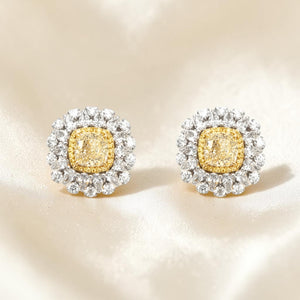 Yellow & White Diamond Halo Stud Earrings