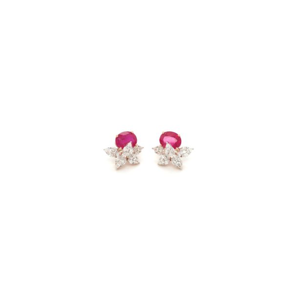 18KT Fancy Shape Diamond Stud Earrings with Ruby