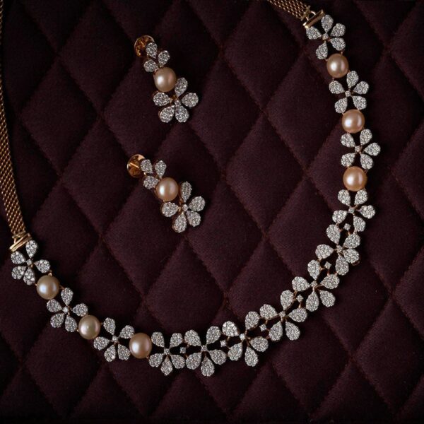 18KT Rose Gold  Floral Design Diamond Necklace with Pearls