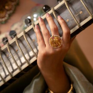 22KT Antique Temple Gold Ring with Ganesha Motif and Pearl