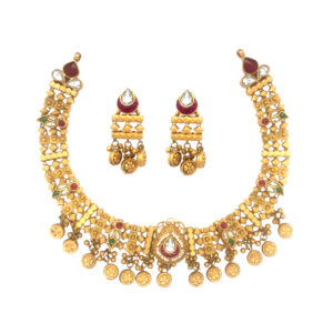 22KT Antique Gold Traditional Bridal Set with Coin Danglers