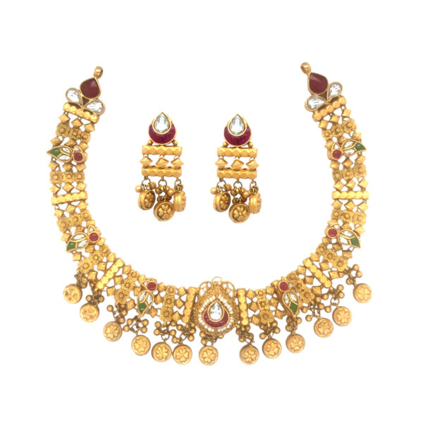22KT Antique Gold Traditional Bridal Set with Coin Danglers