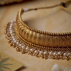 22K Antique Gold Choker Necklace with Pearl Drops