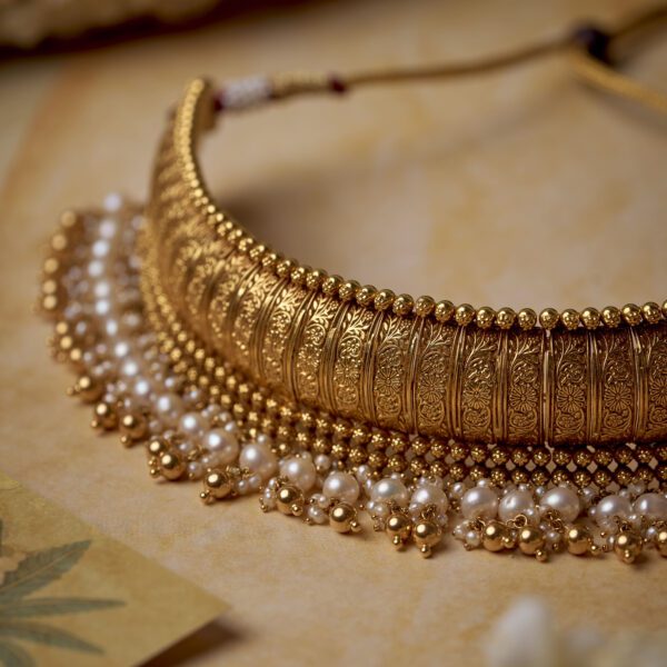 22K Antique Gold Choker Necklace with Pearl Drops