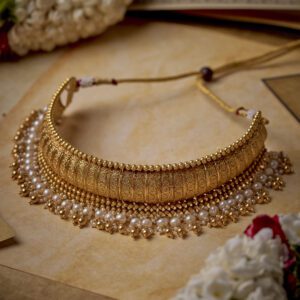 22K Antique Gold Choker Necklace with Pearl Drops