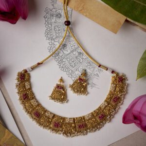 22K Antique Gold Collar  Necklace Set  | Temple Jewelry