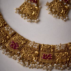 22K Antique Gold Collar  Necklace Set  | Temple Jewelry