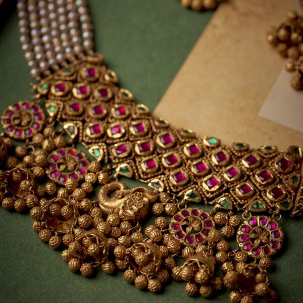 22K Temple Gold Necklace Set– Antique Bridal Jewelry