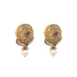 22K Antique Stud,Green-Red Jadtar Combination and Pearl Drop