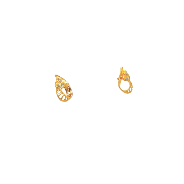 22K  Small Stud with Rhodium-Embedded Leaves Gold Earring