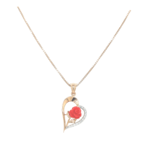 18K Diamond Pendant With Rose Embedded In Heart