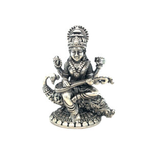 Silver Idol of Goddess Saraswati Seated on Majestic Peacock