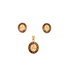 22K Yellow Gold Floral Pendant Set with round border