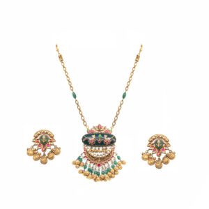 22KT Gold Heritage Pendant Set with Green Accents