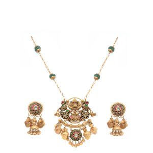 Exquisite 22KT Gold Heritage Pendant Set with Green Beads