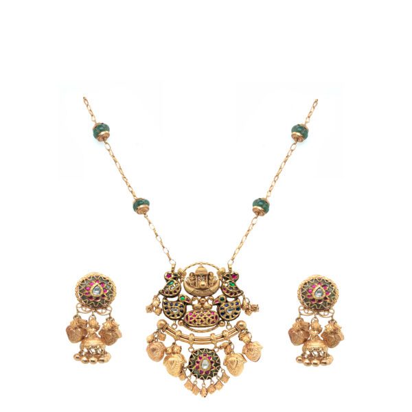 Exquisite 22KT Gold Heritage Pendant Set with Green Beads