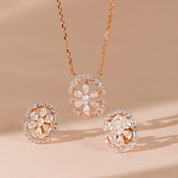 Elegant 18KT Rose Gold Pendant Set with Floral Diamond Design