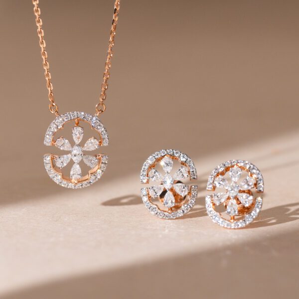 Elegant 18KT Rose Gold Pendant Set with Floral Diamond Design